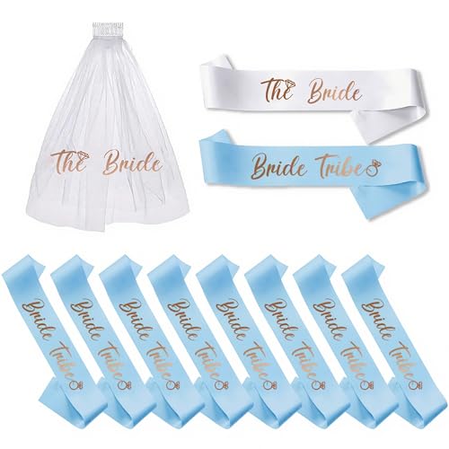 PartyGifts&beyond Bachelorette Party Favors Bride to Be Sash and Veil Set Bachelorette Sashes Bridal Shower Gifts Bride Tribe Sash (Light Blue 11pcs)