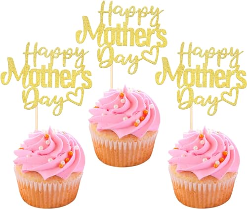 SYKYCTCY 24 Pack Happy Mother's Day Cupcake Toppers with Glitter Hollow Heart Love Mother Best Mom Cupcake Food Picks Women Birthday Happy Mother's Day Theme Party Cake Decorations Supplies Gold(#4)