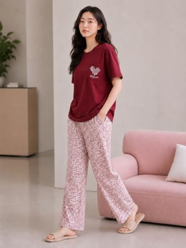 Image of Women's 2-Piece Pajama Set - Short Sleeve Top & Pants Lounge Set, Soft Breathable Sleepwear Night Suit for Women