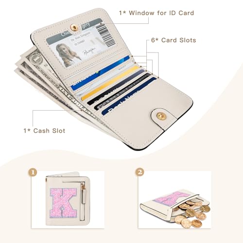 Image of COSHAYSOO Initial Wallet RFID Small Bifold Slim Letter Wallet for Women Teenager Girls Travel Daily Necessities Credit Cards Money Cash Coin Organizer, Cream, Compact, K