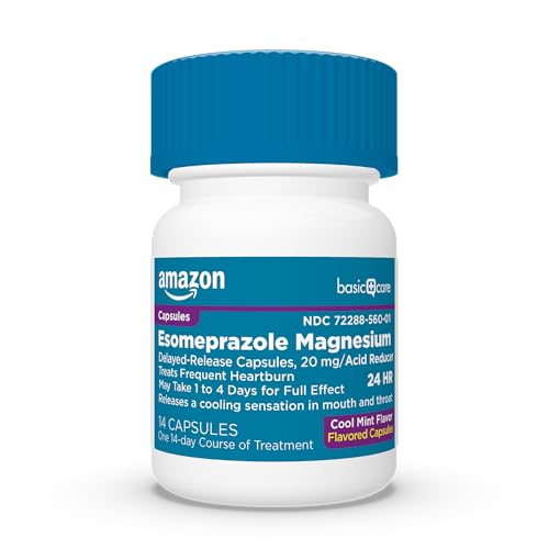 Image of Amazon Basic Care Esomeprazole Magnesium Delayed-Release Capsules 20 mg, Acid Reducer, Treats Frequent Heartburn, Cool Mint Flavor, 24 Hour Heartburn Medicine, 14 Count
