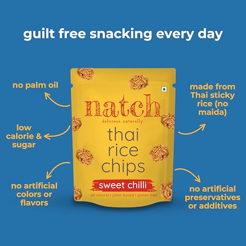Image of Natch Thai Sticky Rice Chips, Healthy Snacks for Adults & Kids 100% Natural, Vegan & Gluten Free, Low Calorie Crackers Crisps, 25g each (Pack of 4), Sweet Chilli