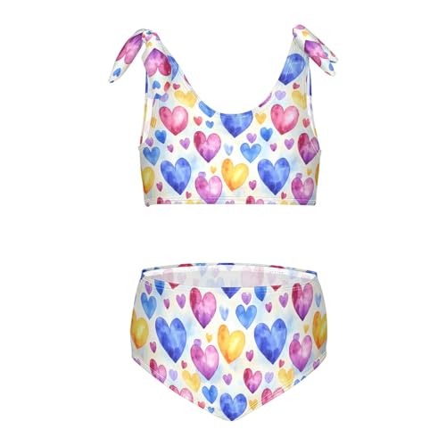 Watercolor Heart Pattern Girls Two Piece Tankini Swimsuits Summer Bathing Suit Beach Swimwear Set, 4T Multicoloured
