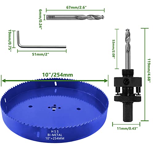 Image of Luomorgo 254mm /10 inch Hole Saw with Arbor, 1 1 /4 inch Cutting Depth HSS Bi-Metal Hole Cutter for Wood Cornhole Boards Plastic Drywall & Metal Sheet, Blue