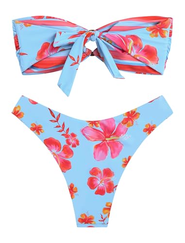 Image of ZAFUL Women's Bandeau Bikini O Ring Strapless Tie Back High Cut Two Piece Swimsuit Bathing Suits