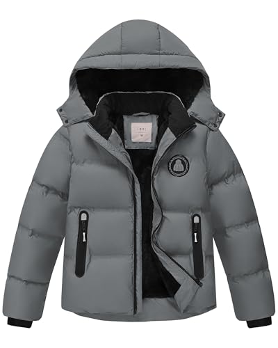 Zoofly Winterjacke Jungen Kinder Jacke Warm Gefüttert Puffer Jacken Kinderjacken Winter mit Abnehmbar Kapuze Wanderjacke, Dunkelgrau 140 (M)