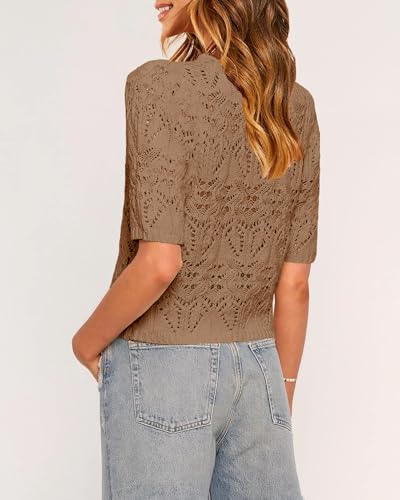Womens Fall Crochet Cardigan Tops Short Sleeve Casual Knit Blouses Hollow Out Crew Neck Button Down Sweater Shirts3