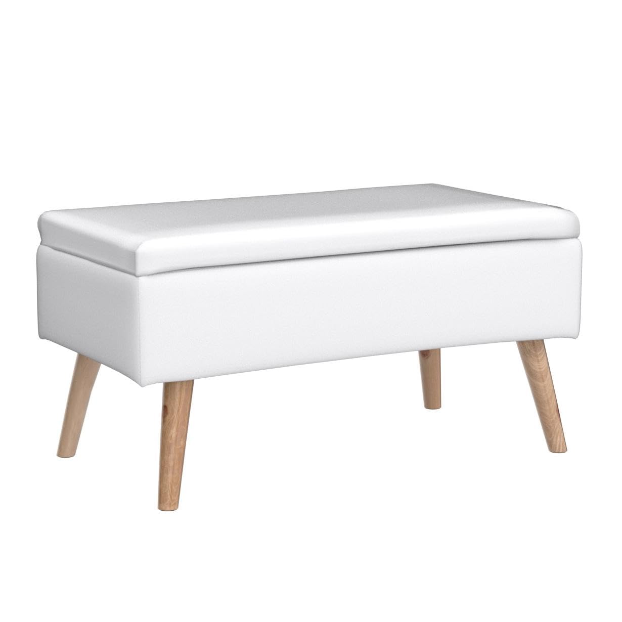 Relaxdays Panca Contenitore, 40 l, in finta pelle, con Gambe in Legno, Cassapanca Imbottita, Bianco, HxLxP: 40 x 80 x 39.5 cm