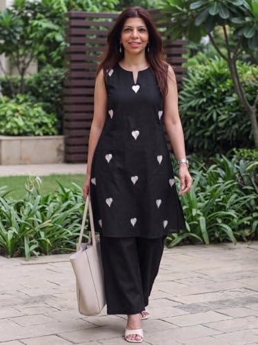 Image of ANNI Designer Kurta Set for Women Cotton Blend Embroidered | Kurti Set for Woman | Farshi Salwar Suit Kurta Palazzo Outfit | Round Neck V Slit Sleeveless Regular Fit Ethnic Dress Stylish Clothing