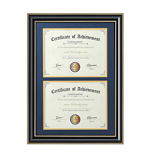 Image of ELSKER&HOME Double Diploma Frame for Two 8.5x11 with Navy Mat,Wood Black | Double Mat, Navy Mat with Golden Rim for Two 8.5x11 Inch with Mat and 13.5x20 Inch Without Mat for Documents Certificates