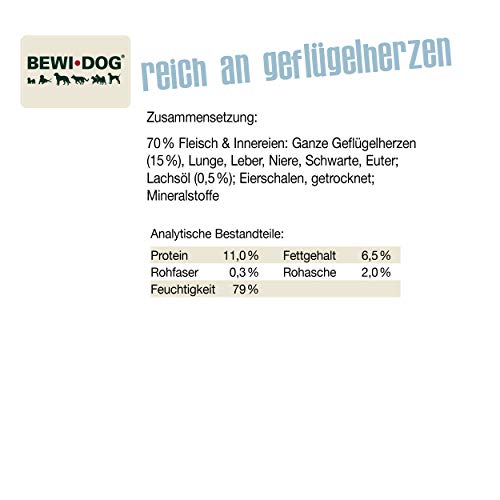 BEWI DOG Fleischkost reich an Geflügelherzen [800 g] Dose | Nassfutter für Hunde | getreidefrei | Muskelfleisch & Innereien mit fester Fleischstruktur | 6 x 800 g