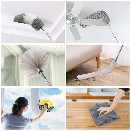 Image of Microfiber Duster Kit 36pcs with 30 to 100 in Extension Pole and Ceiling Fan Cleaner Duster, Washable and Bendable Feather Duster for Cleaning Ceiling Fans, High Ceilings, Blinds, Grey