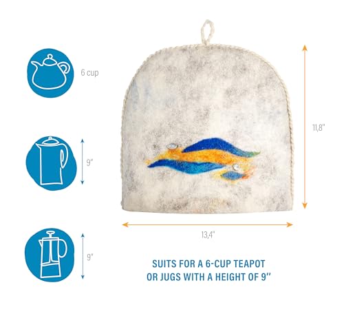 Image of Tea Cozy for Teapot Large - Keep Your Brew Warm and Stylish with This Felted Tea Cosy, Enhancing Flavor and Aesthetics - Fits 6-Cup Teapot & 34oz French Press (Sea Waves)