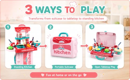 Image of 3-in-1 Kitchen Set Toy for Kids, Pretend Play Cooking Set, for Ages 3 Years and Above, 53 * 42 * 20.5 cm, Pink, Plastic