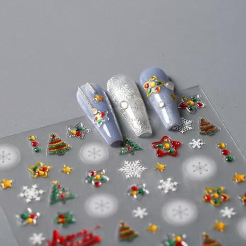 Image of Christmas Nail Art Stickers Snowflake Nail Decals 5D Embossed Self Adhesive Xmas Tree Star Nail Sticker for Nails Art Design Manicure Supplies Charm for Women Nails Decorations Accessories