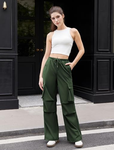Womens Cargo Pants Elastic Waist Wide Leg Parachute Pants with 4 Pockets Baggy Hiking Trousers Travel Y2K Waterproof4