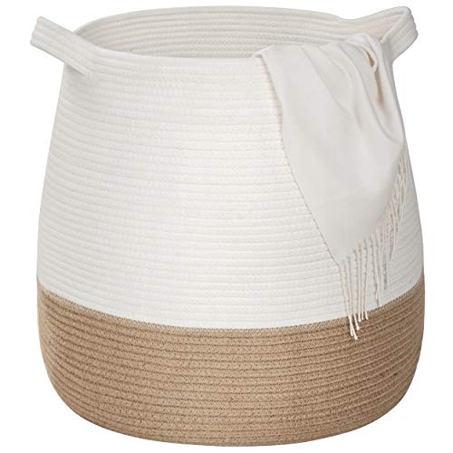 Image of MINTWOOD Design Large 17 x 17 Inches Decorative Woven Cotton Rope Blanket Basket for Living Room, Laundry Basket Hamper, Storage Baskets with Handles for Toys, Throws, Pillows, Towels, Shoes, Jute