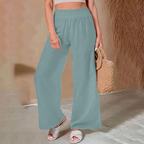 Women's Linen Wide Leg Pants Summer Boho High Waist Palazzo Lounge Pant Trousers Elastic Waist Beach Travel Outfits2