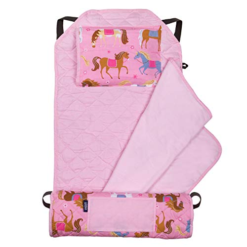 Image of Wildkin Modern Kids Nap Mat with Pillow for Girls - Cotton Blend, Elastic Straps, Toddler Sleep Mat for Daycare, Preschool, Kindergarten & Travel, Ages 3-7, Machine Washable - Horses