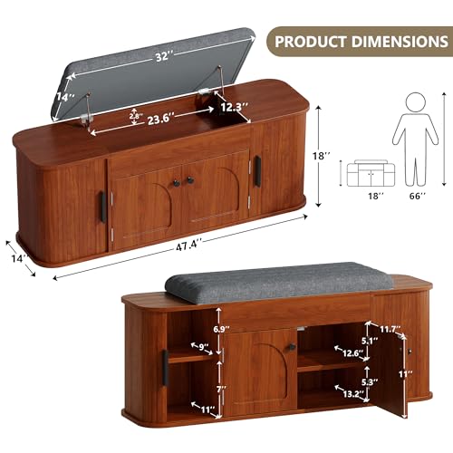 Image of Einhomn 47.2'' Sliding Door Entryway Shoe Storage Bench with Seat Cushion, Shoe Rack with Lift-Top Hidden Storage & Adjustable Shelf, Bench for Bedroom End of Bed, Walnut