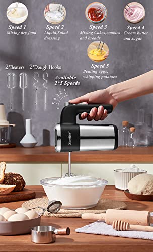 Sonifer Frullatore a mano in acciaio inox, 500 W, miscelatore elettrico, 5 livelli più turbo, design pulsante di espulsione, lavabile in lavastoviglie, 2 ganci, 2 fruste, 1 base - immagine 3