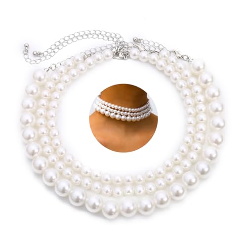 Boho Pearl Choker Necklaces for Women Faux Round Pearl Layered Necklace Fashion Chunky Thick Pearls Clavicle Necklace Wedding Bride Jewelry Gifts (Style A)