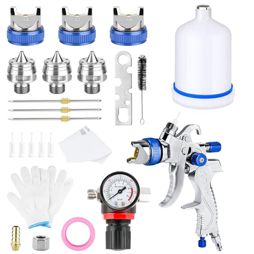 HVLP Lackierpistole Spritzpistole mit 3 Düsen 1,4/1,7/2,0mm, 600ml Plastikbecher, Luftdruckregler, Lacksiebe usw. Profi Druckluft Farbsprühsystem Spraypistole Kit für Autos, Möbel