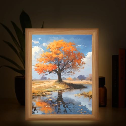 Light Up Painting, Autumn Tree Wall Art Picture Light Artistic Tree Light Up Desktop Art Frame, 10 Brightness, USB Powered, 3 Lighting Modes, Anxiety Relief Decor Gift for Bedroom Home