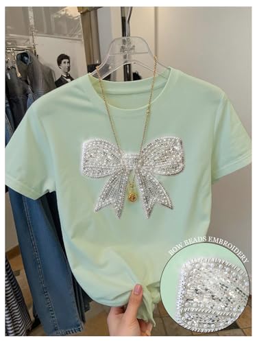 Image of RoseSeek Women's Rhinestone Sequin Bowknot Graphic Tees Short Sleeve Crewneck Summer Tops Going Out T Shirt