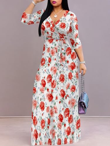 Image of Women's V Neck Floral Maxi Dress 3 /4 Sleeve Plus Size Boho Wrap Flowy Long Dresses with Belt