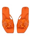 OYOANGLE Women's Boho Floral Decor Square Open Toe Braided Thong Sandals Square Open Toe Slide Sandals Orange 8.5
