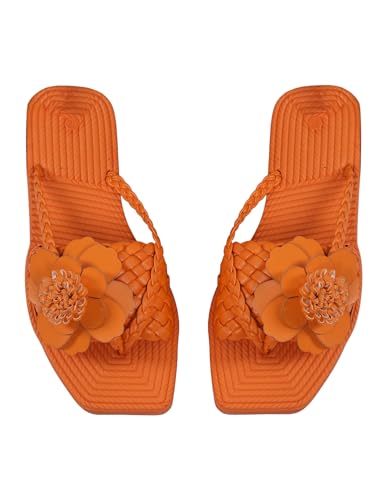 OYOANGLE Women's Boho Floral Decor Square Open Toe Braided Thong Sandals Square Open Toe Slide Sandals