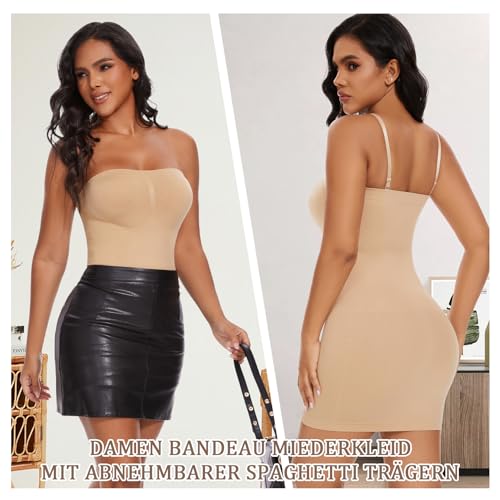 ONEW Miederkleid Damen Nahtlose Bandeau Unterkleid Bauchweg Shapewear Kleid Figurformende Shaping Formkleid Full Slip mit Abnehmbare Spaghettiträger Beige S