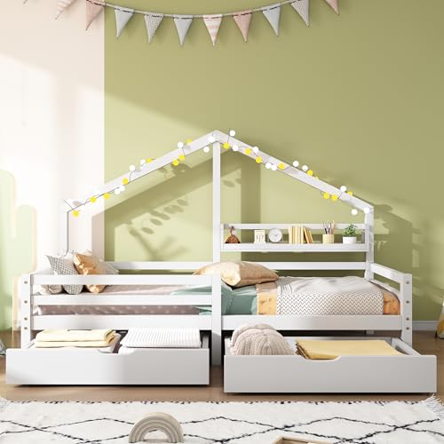 Moimhear Cama infantil con estante y dos cajones grandes con espacio de almacenamiento y forma de chimenea, 90 x 200 cm, color blanco