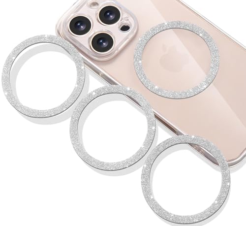 Jsoerpay Universal Metal Rings Compatible with Magsafe Sticker for All Phone Cases & Wireless Charging, Magnetic Car Mount/Phone Holder Conversion Kit, 4 Pack Glitter Silver