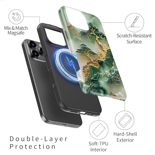 Image of Goodon for iPhone 16 Pro Case Cute - Wireless Charging Compatible - Dual-Layer Hard Shell + Silicone Cover - Protective Phone Case with Trendy Designs for Women - Gold Inlaid Jade Carving | Dual-Layer Hard Shell + Silicone, Slim Fit Protective Phone Cover with Wildflower Designs for Women Girls
