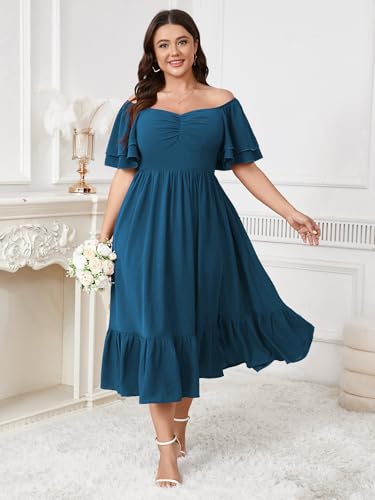 Image of SCOMCHIC Womens Plus Size Wedding Guest Cocktail Dresses Sweetheart Neckline Short Sleeve Smocked Ruffle Slit Maxi Dress