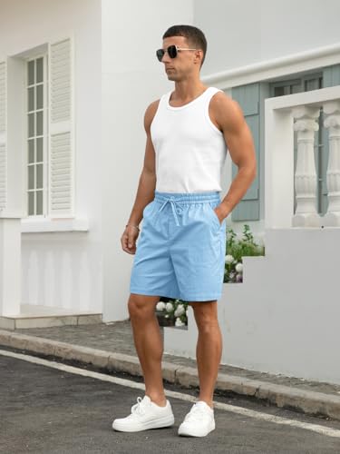 Image of RQP Mens Cotton Linen Shorts Casual Drawstring 7inch Inseam Shorts Stretch Summer Beach Wear