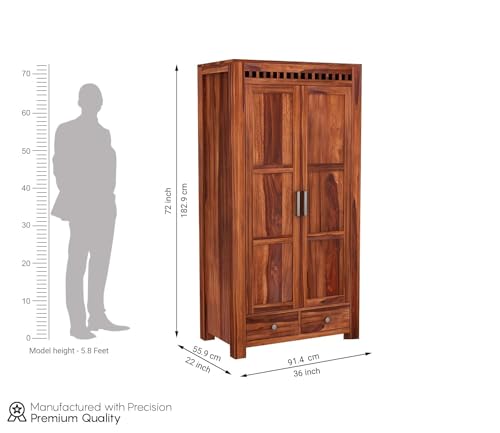Image of Rajotiya FurnitureSheesham Wood Wardrobe with 2 Drawer and 4 Shelves Storage for Bedroom Wooden Almirah for Clothes for Living Room Bedroom Home, Solid Wood Furniture | (J-Hony)