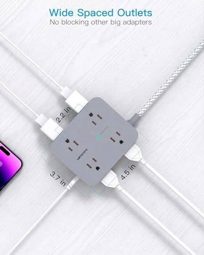 Image of Surge Protector Power Strip - HANYCONY 8 Outlets 4 USB (2 USB C) Charging Ports, Multi Plug Outlet Extender, 5Ft Braided Extension Cord, Flat Plug Wall Mount Desk Charging Station for Home Office ETL