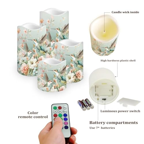 Image of Green Hummingbird Plastic Flameless Candles with Remote Control and Timer LED Flickering Battery Operated Color Changing Electric Pillar Candles for Table Weddings Gifts Home Decoration