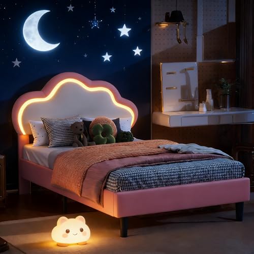 Yeutre Cama Infantil niña 90x200 con LED, Cama Individual con cabecera de Cama Nube y somier de láminas, Marco de Camas Acolchado para niños y Adolescentes (sin colchón) (Nube PU, 90x200 cm)