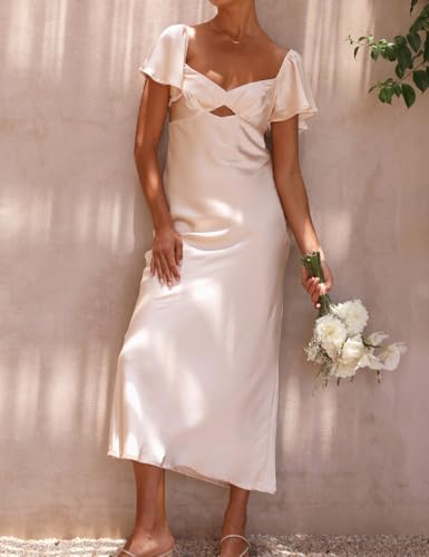 Image of Summer Satin Flutter Sleeve Wedding Guest Dresses for Women Sweetheart Neckline Cutout Tie Back Midi Cocktail Dress
