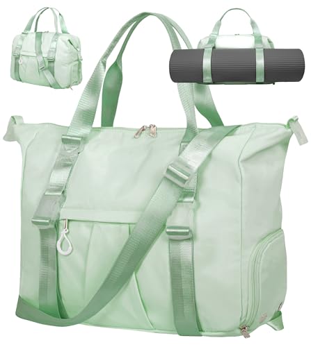 Gym Bag with Yoga Mat Holders, Carry On for Pilates Women & Men with Laptop & Shoe Compartment Large Duffle Travel Weekender Tote with Key Ring Clip Personal Item Workout, Easy to Clean - Green