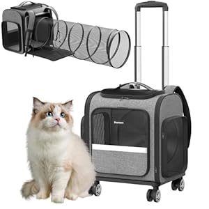 Rolling Cat Carrier with Wheels: Airline Approved Dog Carrier for Small Dogs & Large Cats, Expandable Pet Carrier on Wheels with Cat Play Tunnel, Large Capacity, Breathable Mesh, Side Pocket, Grey