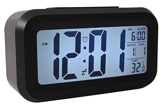 ERITIN Digital Alarm Clock Table Clock for Students, Home, Office & Corporate | Auto Sensor, Date, Temperature Display | Black, Plastic, 14W x 8H cm