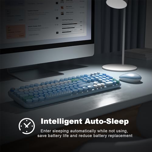 Image of KNOWSQT Wireless Keyboard and Mouse Combo - Lovely Blue Rainbow 2.4G Full-Sized Colorful Keyboards, Round Keycap USB Dongle Plug Play Cute Keyboards for Windows, Laptop, PC, Desktop, Mac