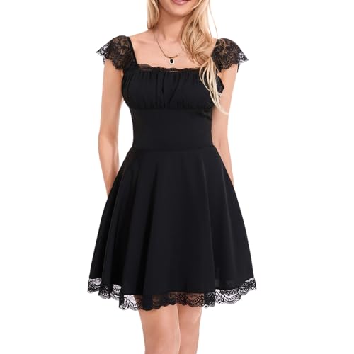 Image of Womens Graduation Party Mini Dress Cute Square Neck Lace Straps White Fairy Short Dress