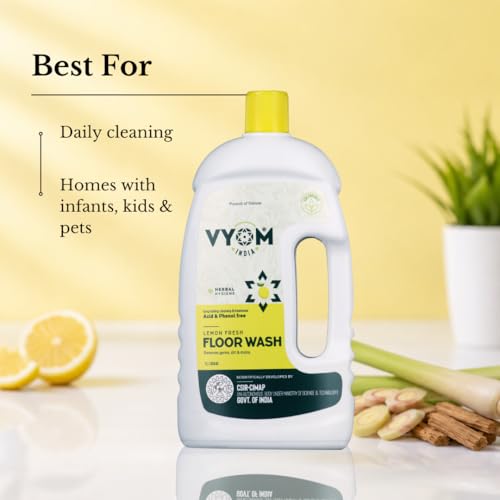 Image of Vyom India Floor Cleaning Liquid - 1L | Safe for Infants, Kid & Pet | Plant-Based, Eco-Friendly Natural Disinfectant - Lemongrass & Cedarwood, Phenyl & Acid Free | Ideal For Floor, Tile, Marbles