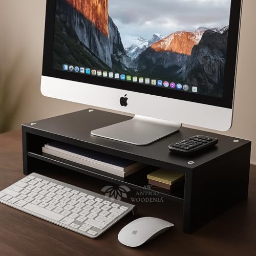 Image of Wooden Monitor Stand with Storage Organizer For Desk, Tables, Office, Home, Studio, Study Table | Desktop Ergonomic Monitor Stand Riser (Black, Large)